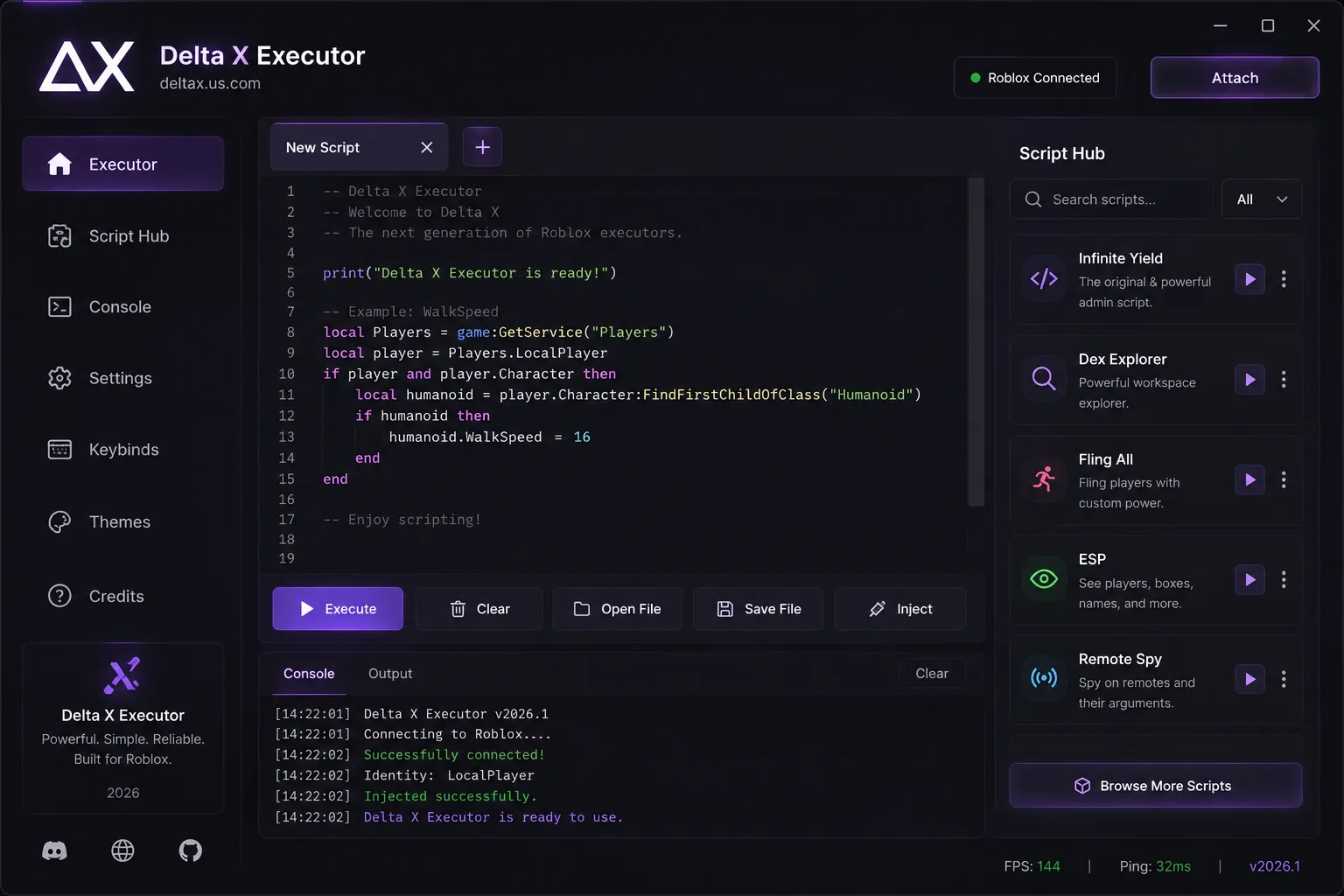 Delta X Executor app window with script hub and Lua editor